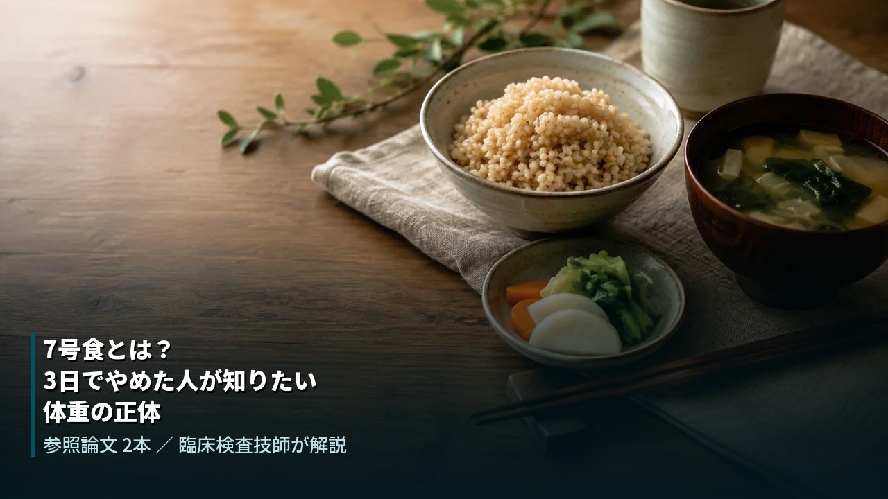 玄米ごはんと味噌汁、漬物が並んだ食卓。7号食とは何かを解説する記事のアイキャッチ