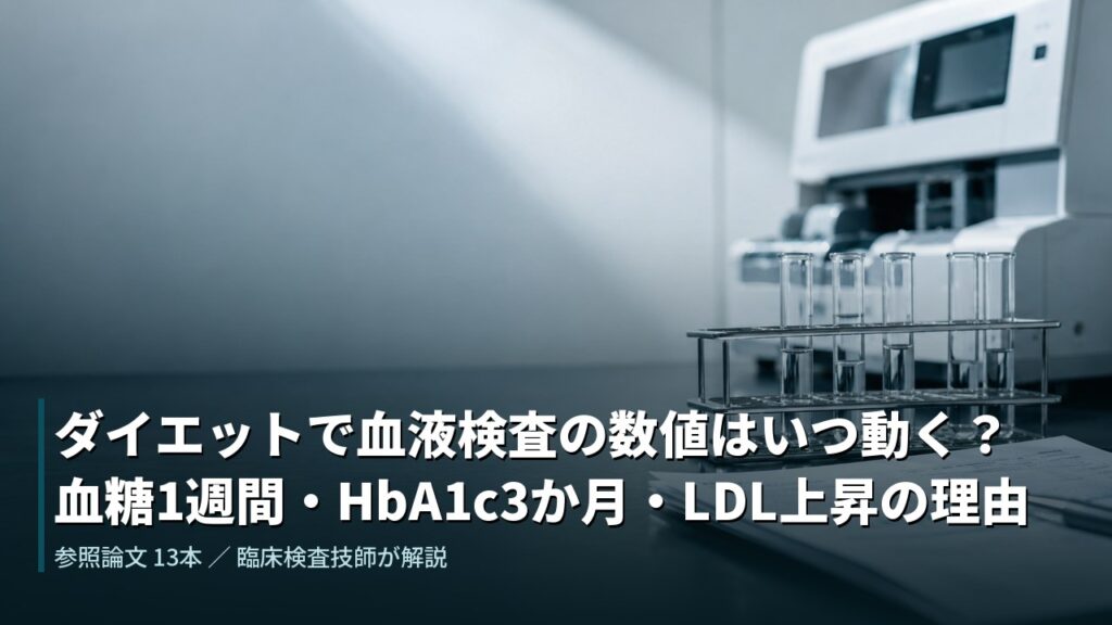 ダイエット中の血液検査。検査室に並ぶ試験管と分析装置