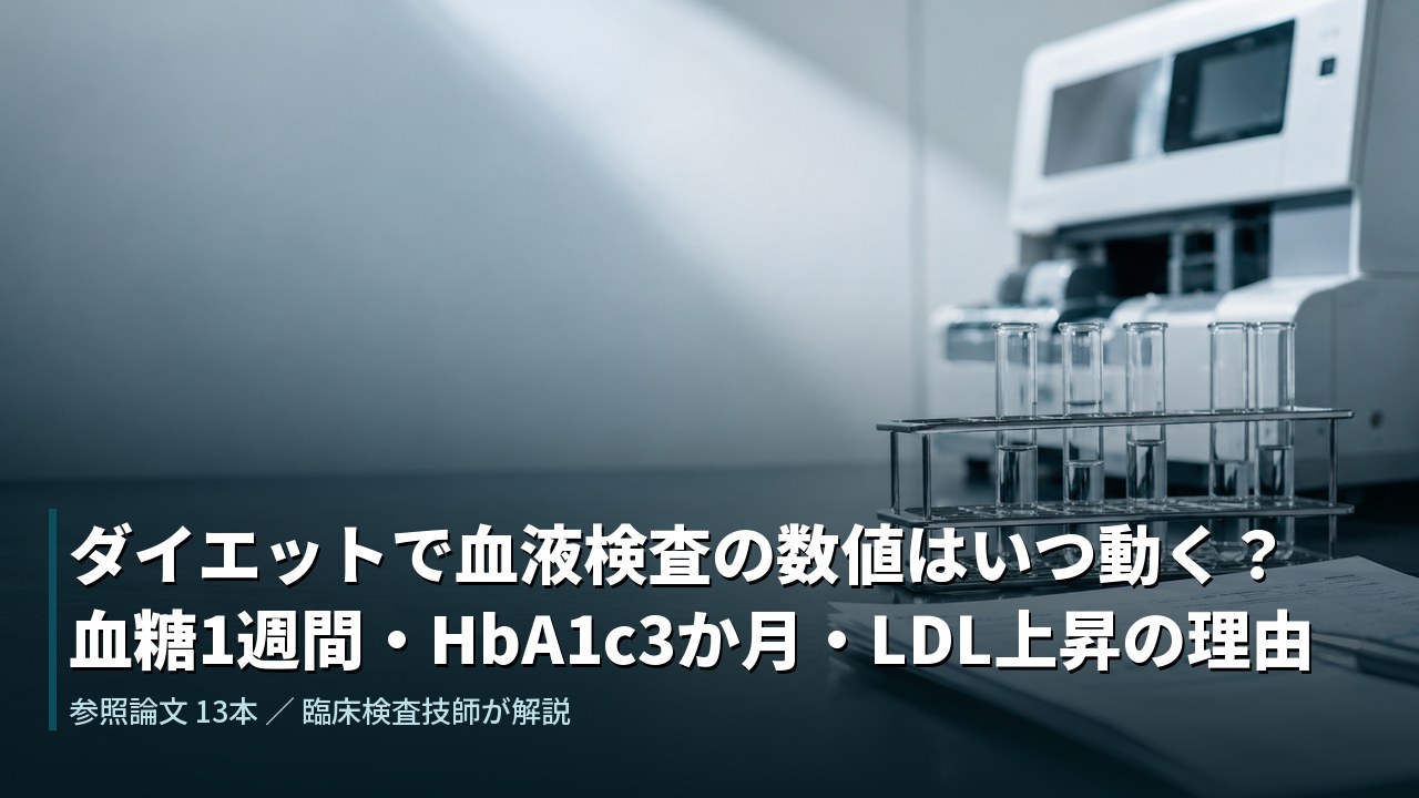 ダイエット中の血液検査。検査室に並ぶ試験管と分析装置