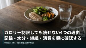 木のテーブルに置かれた鶏むね肉と野菜の器と水のグラス。カロリー制限しても痩せない4つの理由を解説する記事のアイキャッチ