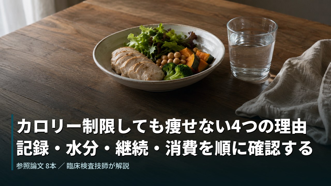 木のテーブルに置かれた鶏むね肉と野菜の器と水のグラス。カロリー制限しても痩せない4つの理由を解説する記事のアイキャッチ