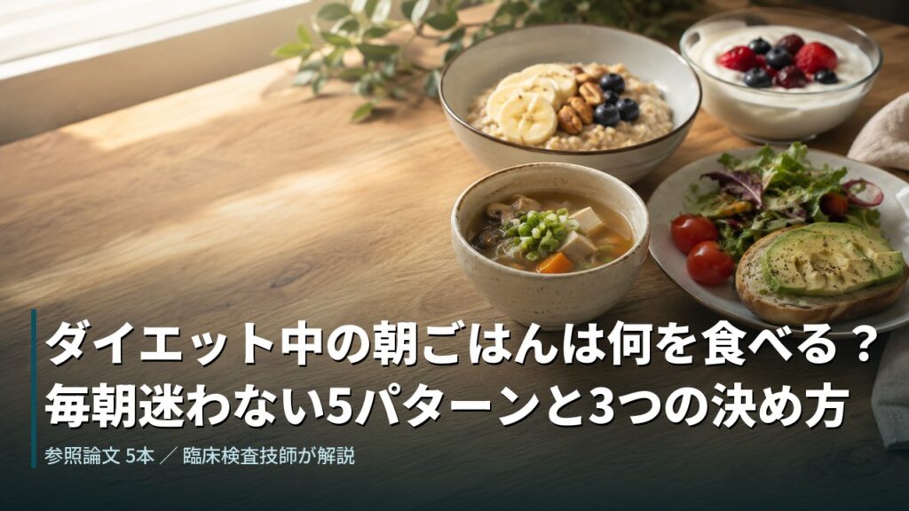 木のテーブルに並んだオートミール、ヨーグルト、味噌汁、サラダとトーストの朝食