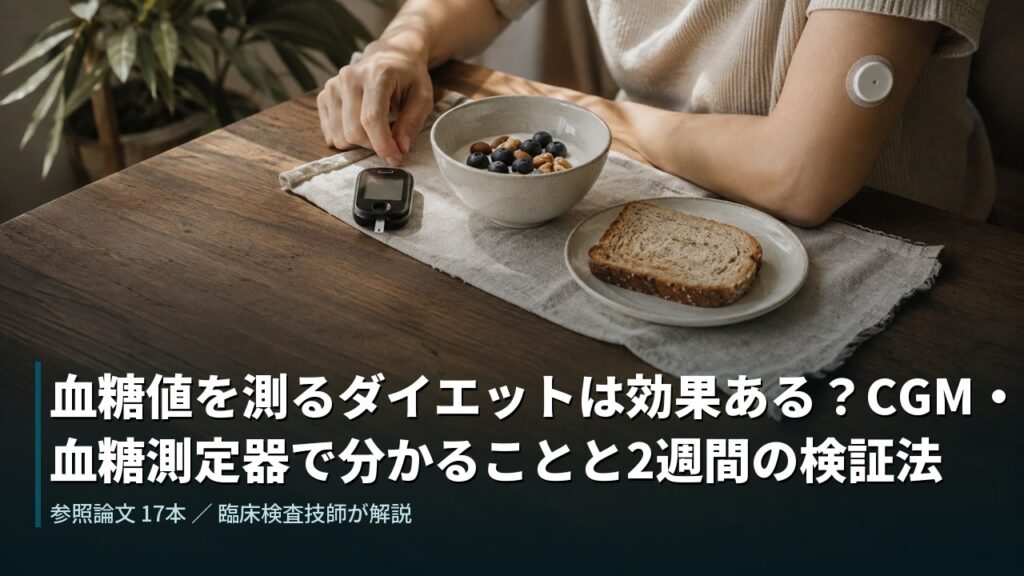 木のテーブルに置かれた血糖測定器と朝食、腕にCGMセンサーをつけた人