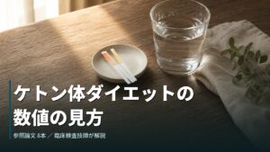 木のテーブルに置かれた尿ケトン試験紙と水のグラス