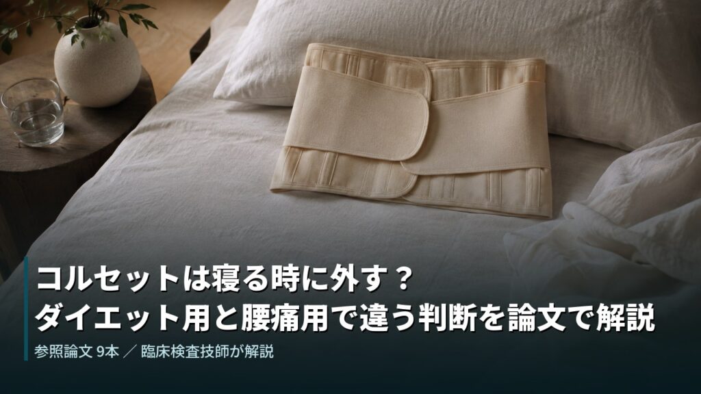 ベッドの上に置かれた腹部用コルセット。就寝時の着用をどうするかを解説する記事のアイキャッチ
