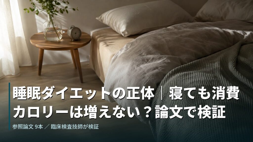 夜のベッドとサイドテーブル。睡眠ダイエットを論文で検証する記事のアイキャッチ