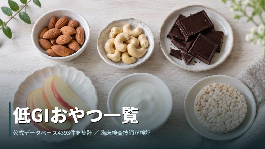 小皿に分けられたアーモンド・カシューナッツ・ダークチョコレート・りんご・プレーンヨーグルト・せんべいを真上から写した写真
